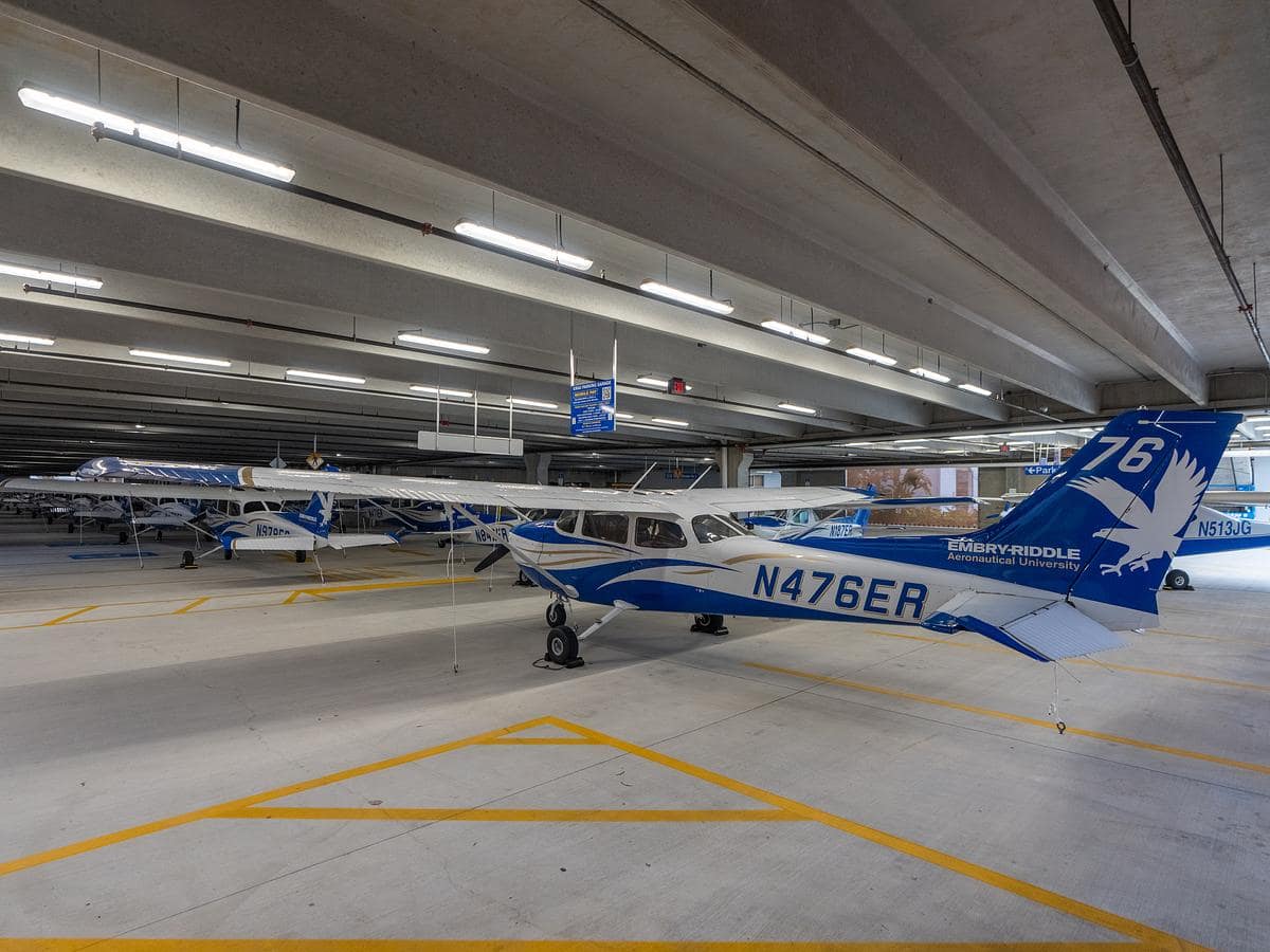 To avoid storm damage, a fleet of Embry-Riddle aircraft are stored securely in a Daytona Beach Campus parking garage. (Photo: Embry-Riddle/David Massey)
