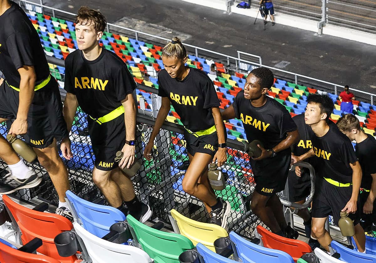 Embry‑Riddle Army ROTC cadets climb Daytona Beach International Speedway stands to commemorate 9/11. (Photo: Embry Riddle/Cadet Cassidy Burns)