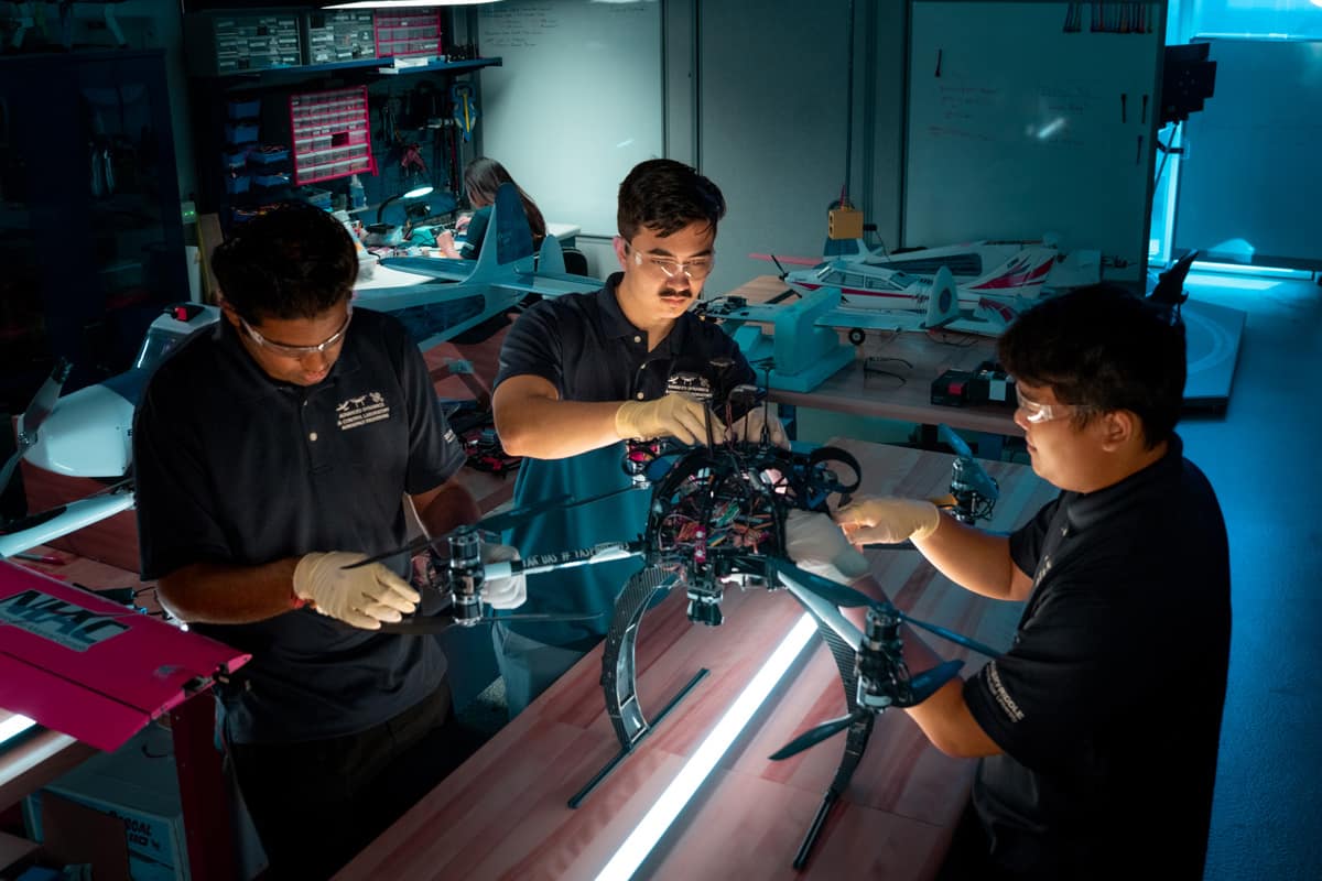 U.S. News & World Report recognized the Aerospace Engineering program at Embry Riddle’s Daytona Beach Campus as among the five best doctoral-granting programs in the country, according to this year’s ranking of residential campuses. Here, students work on an uncrewed aerial system in the Advanced Dynamics and Control Laboratory, which supports research activities to advance aviation and space technologies. (Photo: Embry‑Riddle/Bill Fredette-Huffman)