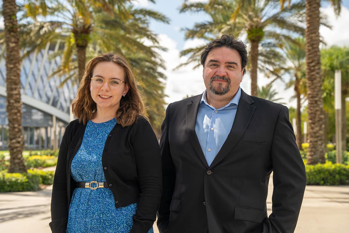 Undergraduate Alexandra Davidoff, pictured here with her research advisor, Dr. Omar Ochoa, has distinguished herself through three academic publications and four internships with Boeing. (Photo: Embry‑Riddle/David Massey)