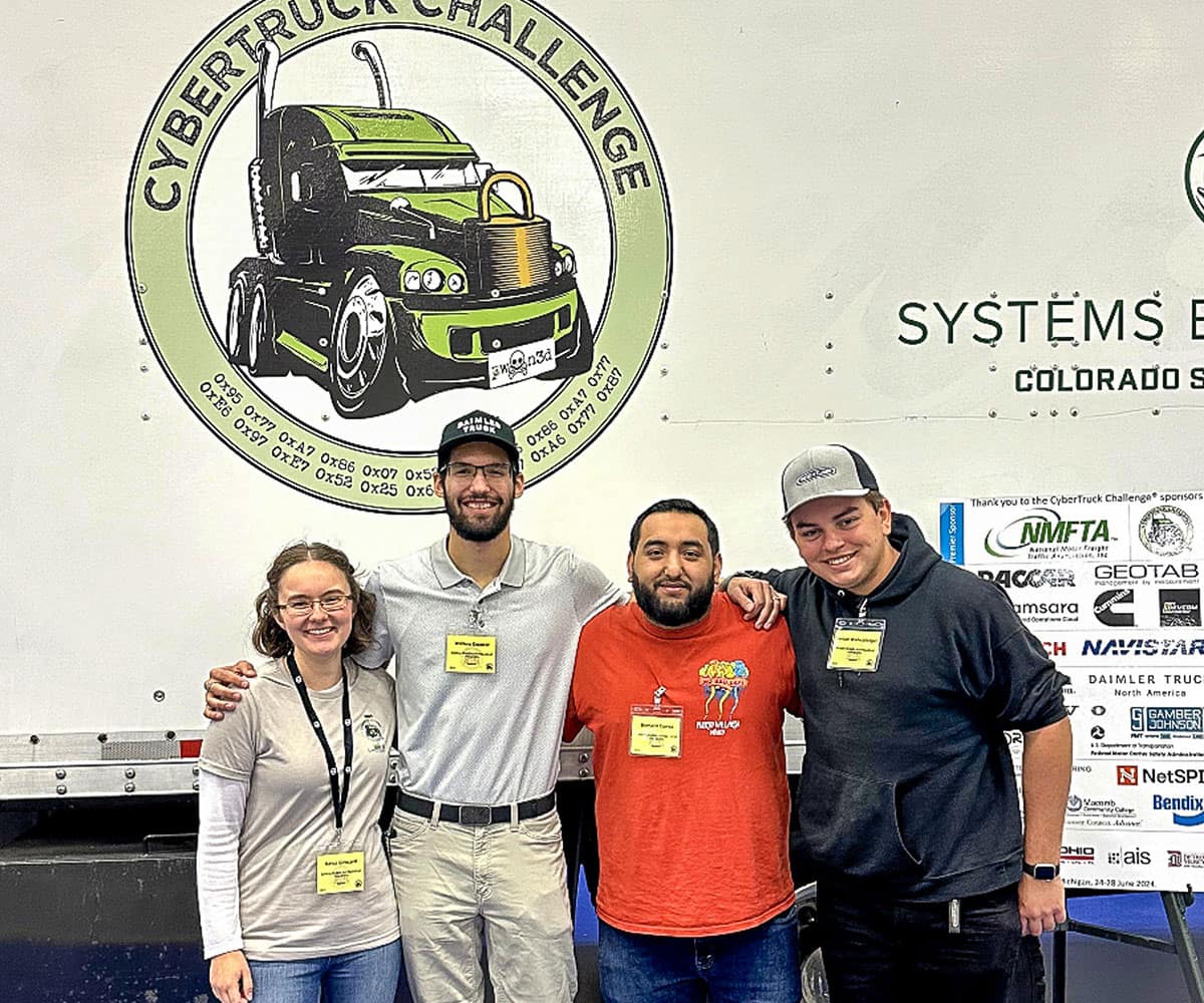 Embry‑Riddle students (from left) Reina Girouard, William Decator, Bernard Correa III and Jordan Wallschlaeger attend the Cyber Truck Challenge in June 2024. (Photo: Embry‑Riddle/William Decator)