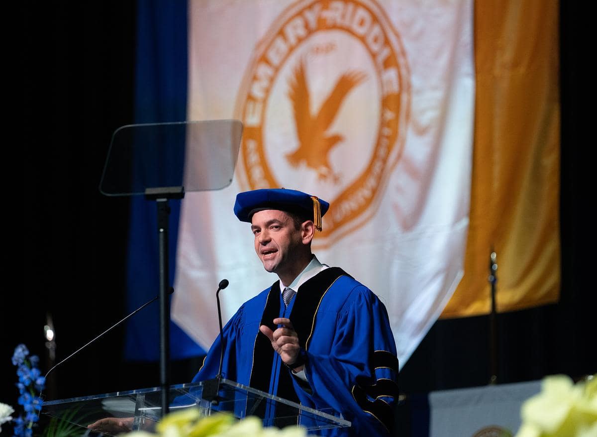 Astronaut and alumnus Jared Isaacman gives the keynote address at Embry‑Riddle’s Fall 2024 undergraduate commencement ceremony. (Photo: Embry‑Riddle/David Massey)