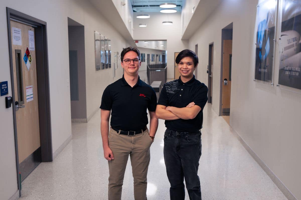 Cyber Intelligence and Security students Michael Boehm (left) and Justin La Zare recently participated in advanced cybersecurity research and development projects with NASA’s Jet Propulsion Laboratory. (Photo: Embry‑Riddle/Wilson Van Ness)
