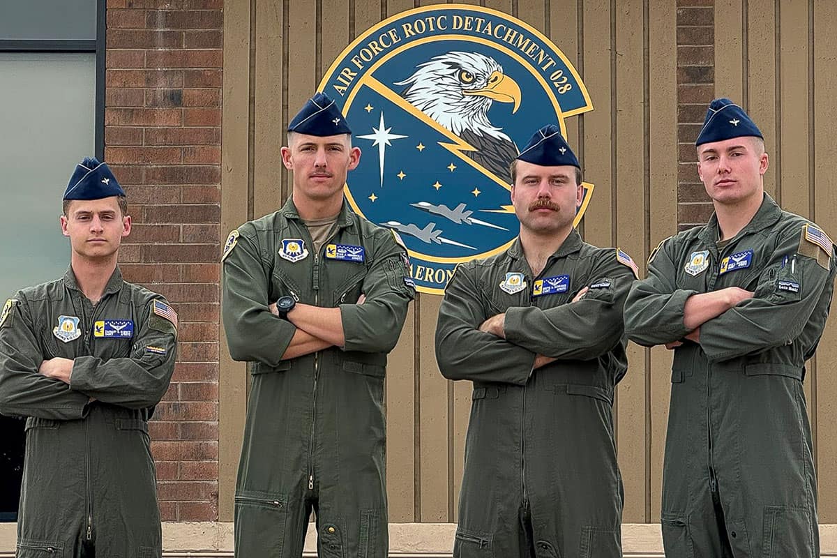 Four cadets in Air Force ROTC Detachment 028 on the Prescott Campus have earned NATO jet training program spots. The cadets (from left to right) are: Zachary Ramsey, Ryan Hengehold, Destin Schroder and Kyle Davidson. (Photo: Embry‑Riddle/Air Force ROTC)