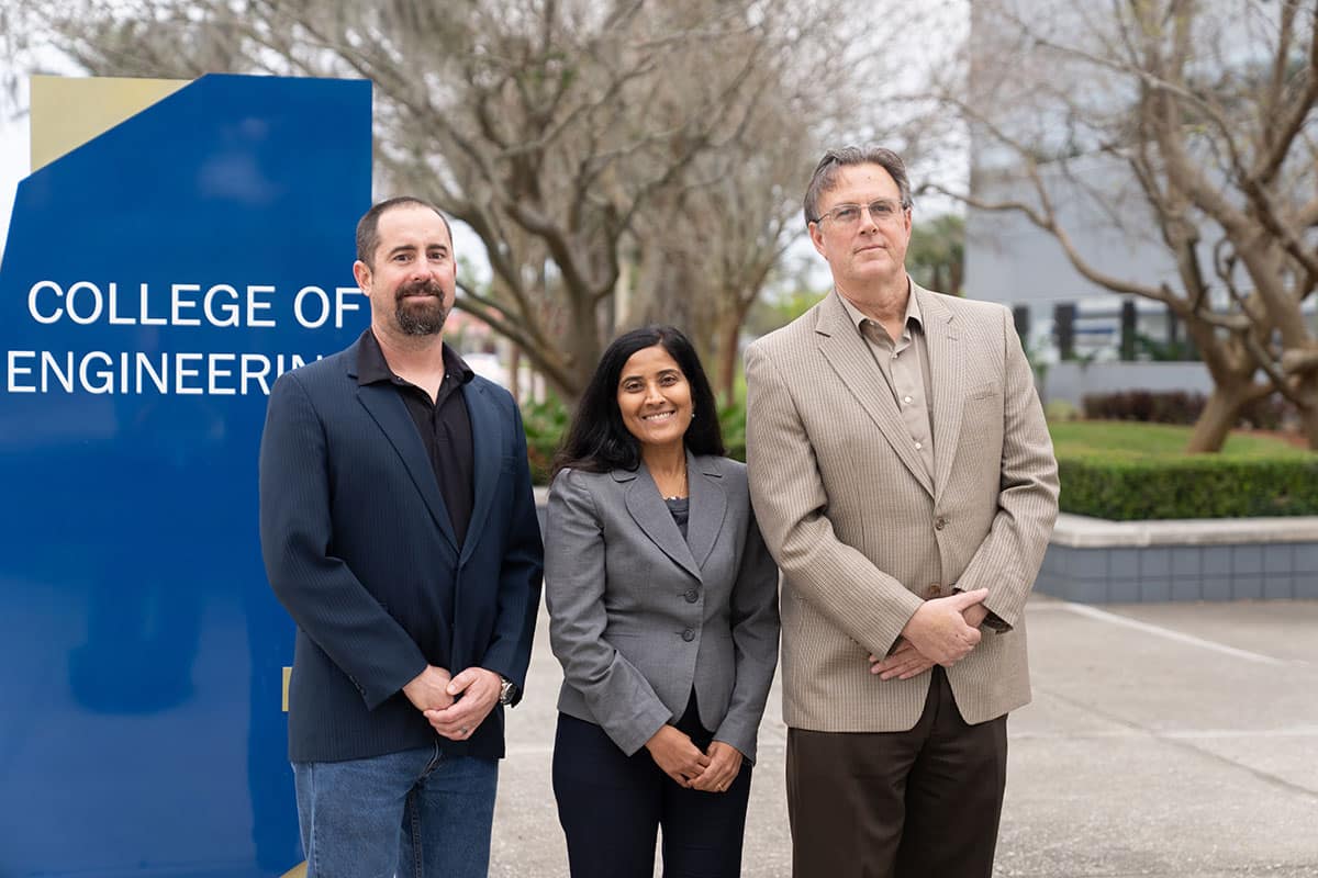 Dr. Mark Ricklick, Dr. Seetha Raghavan and Dr. William Engblom, of Embry‑Riddle Aeronautical University, will design a device to test materials used for hypersonic vehicle development. (Photo: Embry‑Riddle/Daryl Labello)