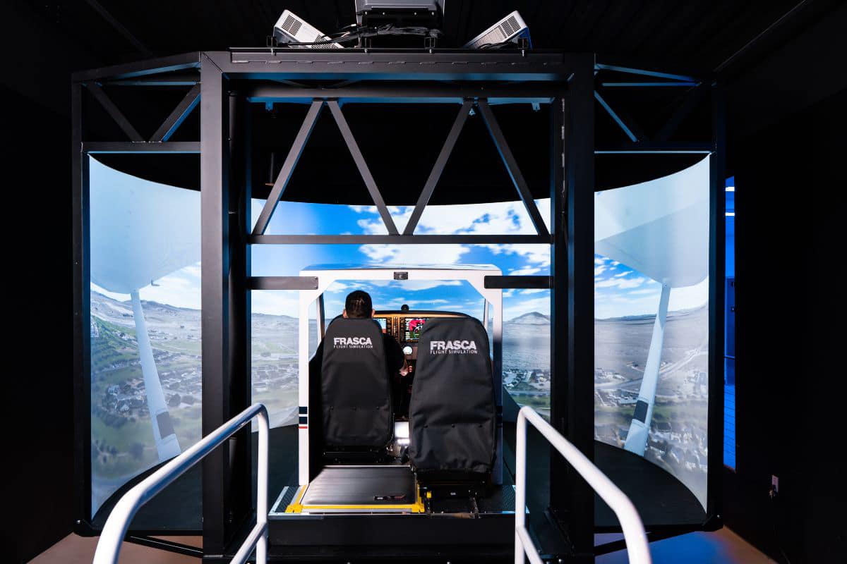 Embry-Riddle's modernized David L. & S. Harry Robertson Flight Simulation Center on the Prescott Campus hosts a fleet of high-fidelity aircraft simulators that replicate the look and feel of flight operations in a safe and controlled environment. (Photo: Embry-Riddle / Watson Van Ness)