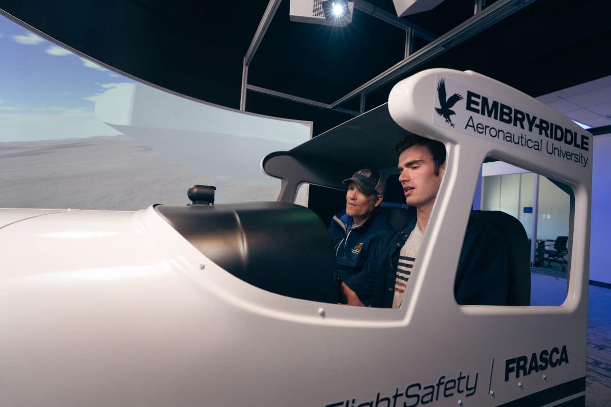  Provided by FRASCA, Embry‑Riddle’s newest simulators give trainees full-motion immersion along with realistic visual displays and feedback systems. (Photo: Embry‑Riddle / Wilson Van Ness)