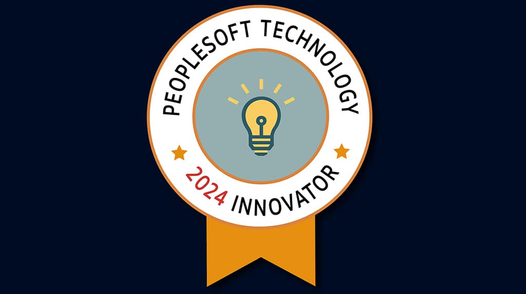 A round award badge with a light bulb icon in the center and the text 'PeopleSoft Technology 2024 Innovator,' with a ribbon at the bottom.