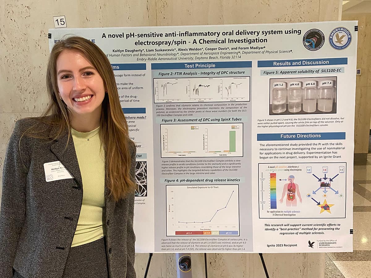 Embry‑Riddle student Kaitlyn Nielsen presented her research at the Florida Undergraduate Research Association’s Posters at the Capitol 2024 event. (Photo: Embry‑Riddle/Dr. Ronnie Mack)