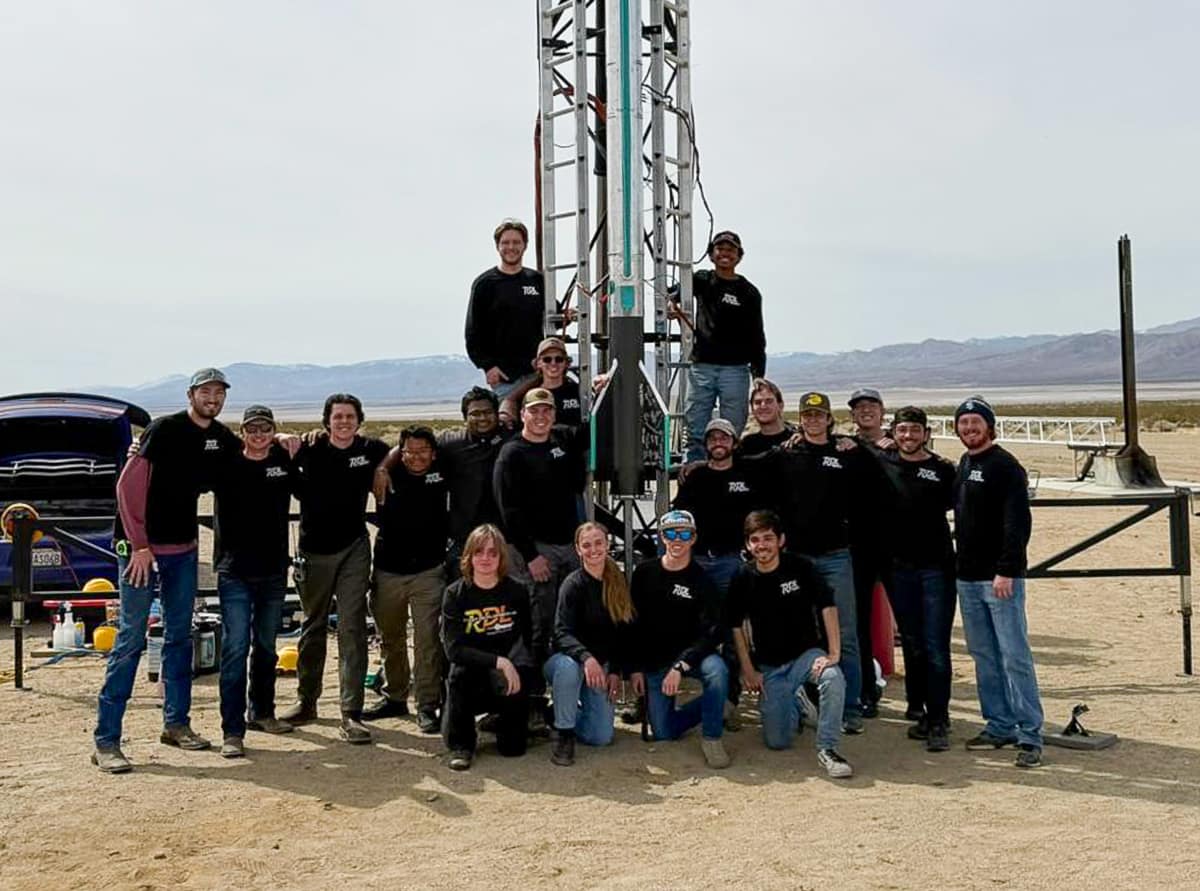 The Rocket Development Lab (RDL) team from Embry-Riddle's Prescott Campus with their Deneb-2 rocket at the Mojave Desert launch site. (Photo: Embry‑Riddle/RDL) 