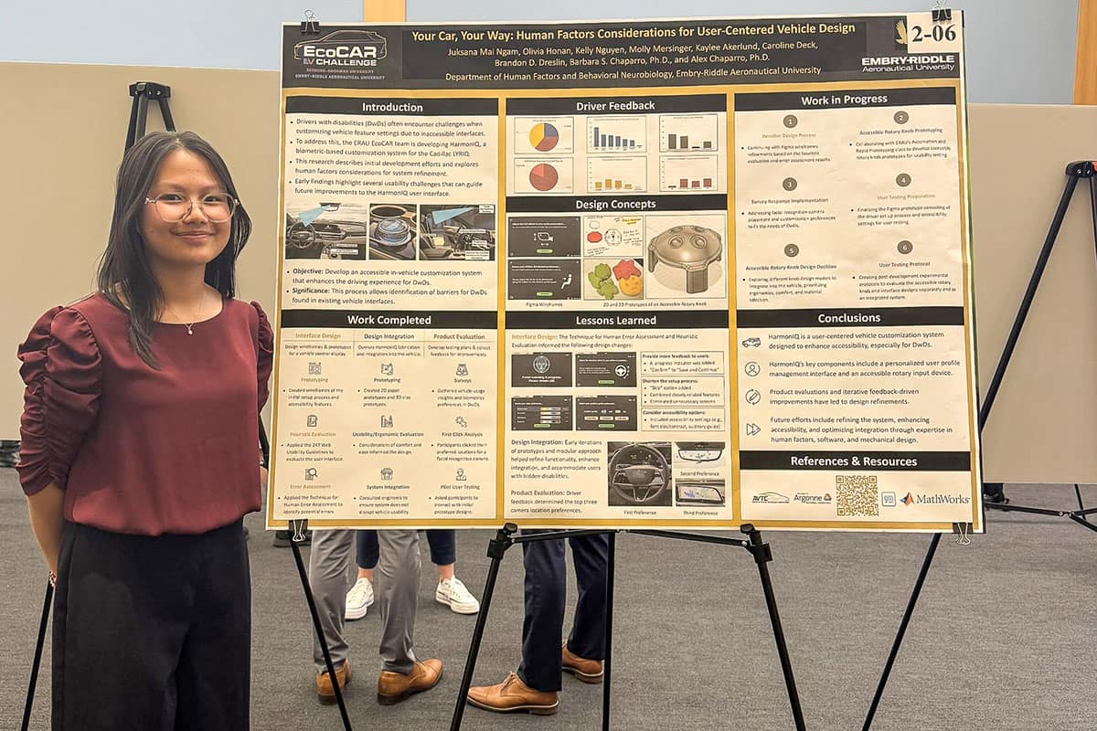 Juksana Mai Ngam was awarded the Best Graduate Research Poster at the Discovery Day 2025 Student Research Symposium on Embry‑Riddle’s Daytona Beach Campus. The research examined biometric-based vehicle customizations. (Photo: Embry Riddle/Office of Undergraduate Research)
