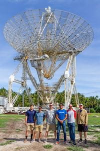  The SEED team in front of the ALTAIR (ARPA Long-Range Tracking and Instrumentation Radar), which provided data to monitor the Sporadic E layers in real time and determine the Go/No-Go launch decision. (Photo: Chris Lanier/NASA) 