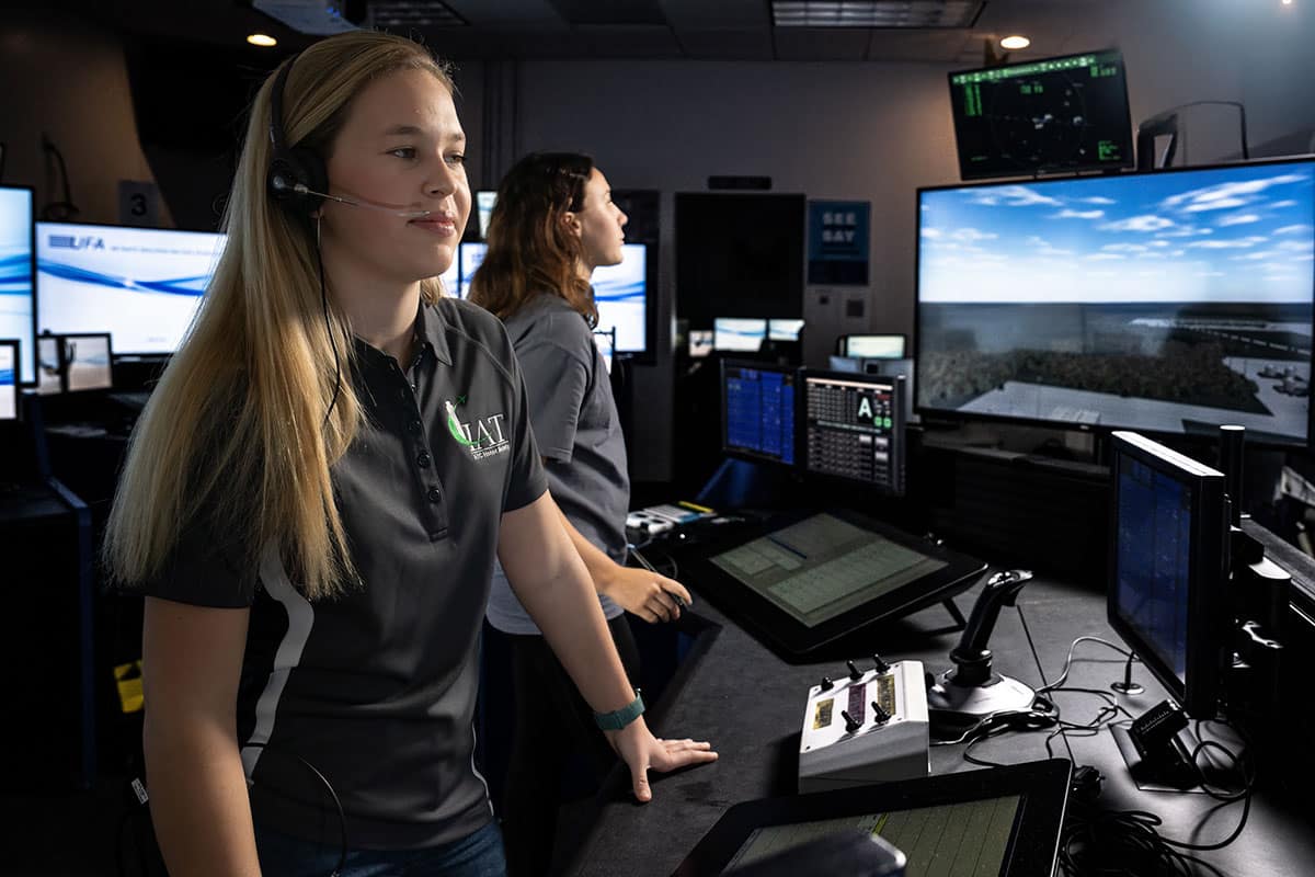 Embry‑Riddle students are among the first to be evaluated through the FAA’s Enhanced Air Traffic-Collegiate Training Initiative. Here, students train in the newly upgraded Air Traffic Control Tower Lab. (Photo: Embry‑Riddle/Bill Fredette-Huffman)