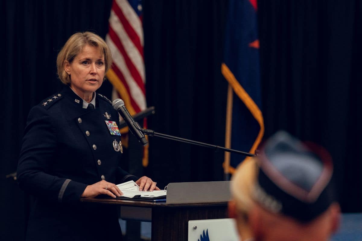 Lt. Gen. DeAnna Burt, the Space Force's deputy chief of Space Operations for Operations, Cyber and Nuclear, gives the keynote address at Embry-Riddle's Detachment 028 commissioning ceremony at the Prescott Campus. Burt is a graduate of Embry-Riddle. (Photo: Embry-Riddle/Wilson Van Ness)