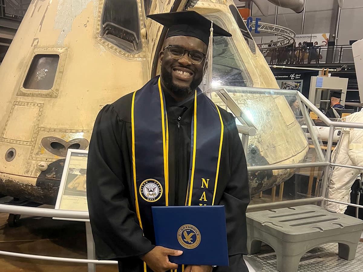 Embry‑Riddle graduate student Fitzgerald Ihekwoaba earned his bachelor’s degree in Aeronautics with Highest Honors in December 2024. He is now pursuing his master’s degree through the Worldwide Campus. (Photo: Fitzgerald Ihekwoaba)