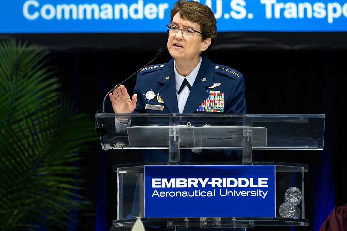 Gen. Jacqueline Van Ovost has been confirmed as a member of Embry‑Riddle’s Board of Trustees. Here, she delivers her keynote address at Embry‑Riddle’s Worldwide Campus Commencement in April 2023. (Photo: Embry‑Riddle/Bernard Wilchusky)