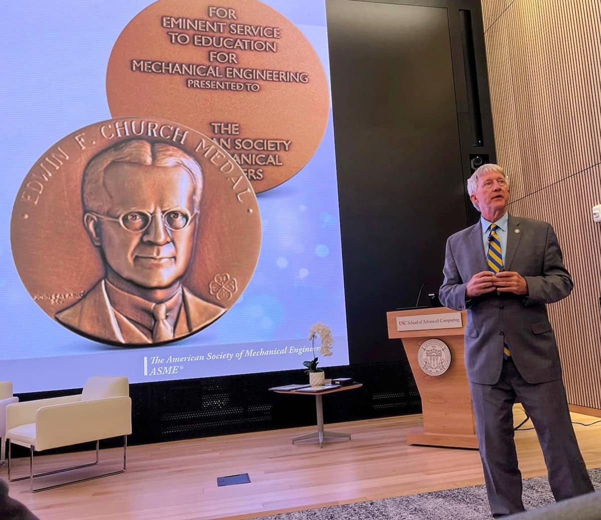 Dr. Joseph J. Rencis receives the Edwin F. Church Medal at the 2025 ASME Mechanical Engineering Education Summit in Los Angeles, CA. (Photo: Embry‑Riddle/Dr. Joseph J. Rencis)