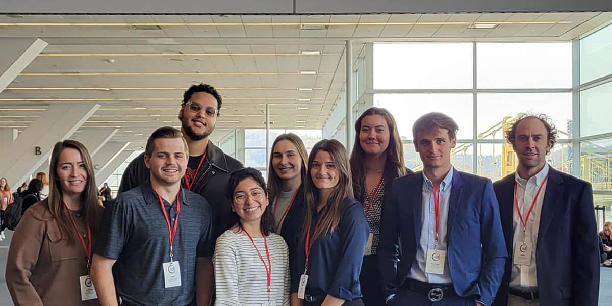 Seven Embry‑Riddle students and two faculty members presented innovative research at the National Conference on Undergraduate Research (NCUR) in April. The presenters (from left) included Professor Katy-Jan Bobseine, Zachary Garcia, Gabriel Ledezma, Lauren Estrada, Chloe Nelson, Hailey Thatcher, Maliah Juker, Emanuele Bossi and Dr. John Woodman. (Photo: Embry‑Riddle/Katy-Jan Bobseine)