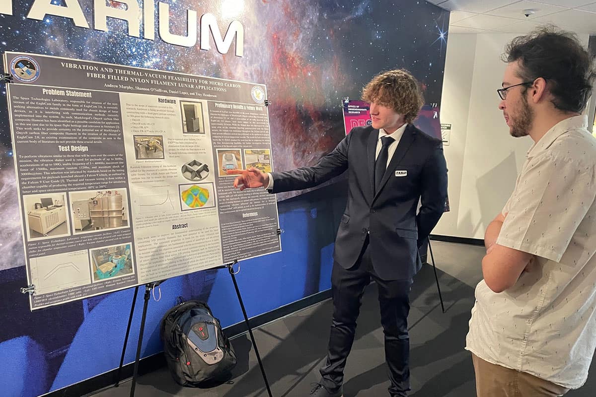 Aerospace Engineering student Andrew Murphy presents his research at the inaugural Embry-Riddle Undergraduate Research Showcase.