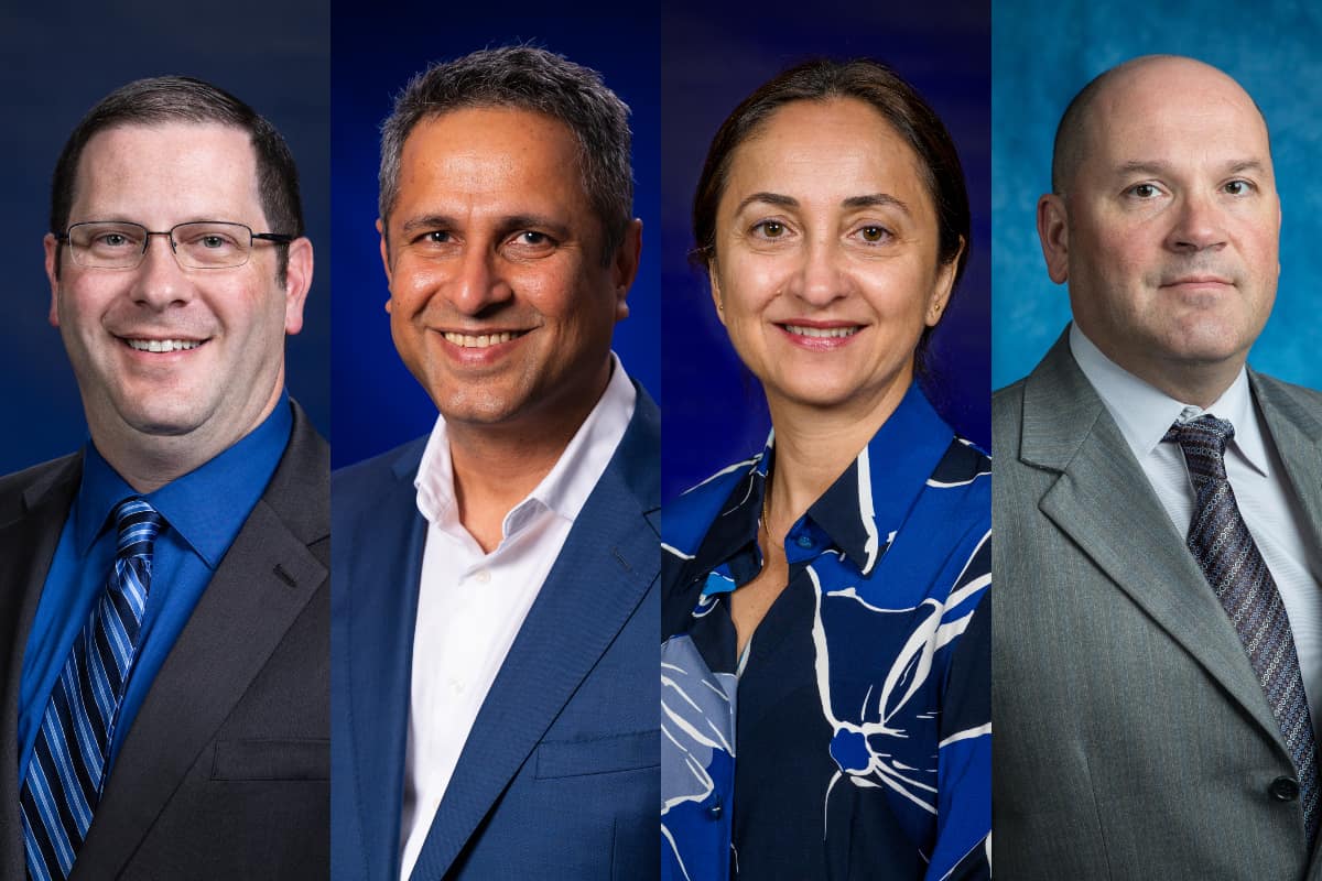 Dr. Robert Thomas, Dr. Krishna Sampigethaya, Dr. Leila Halawi and Dr. Vladimir Golubev have been elected as fellows of the Royal Aeronautical Society. (Photo: Embry‑Riddle)