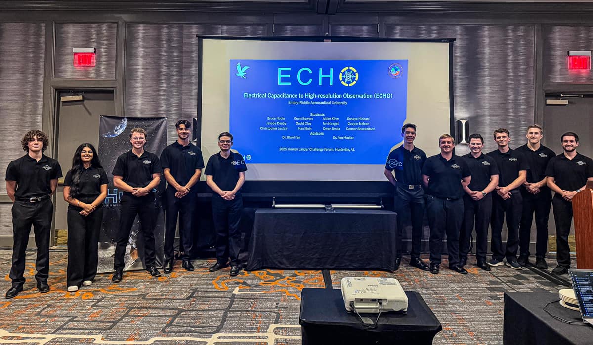 The student team from Embry‑Riddle’s Prescott Campus presented their winning technology at NASA’s 2025 Human Lander Challenge finals in Huntsville, Alabama. (Photo: National Institute of Aerospace/Genevieve Ebarle)