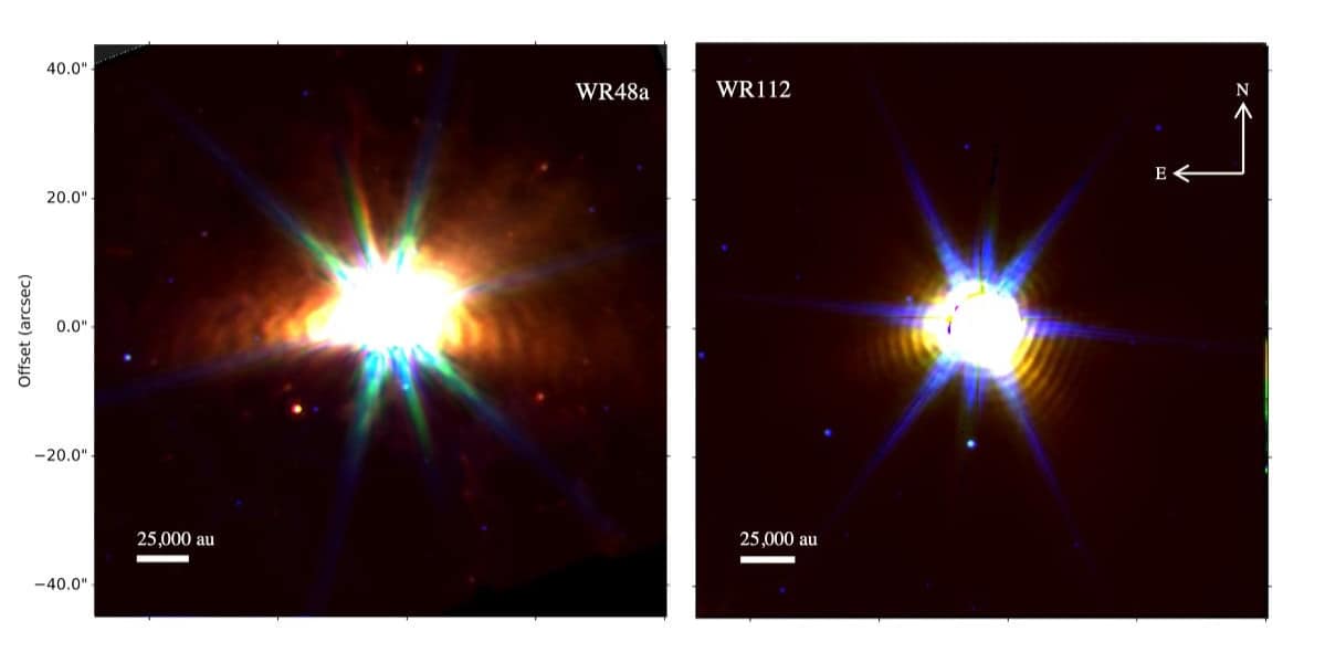 Side-by-side astronomical images labeled WR48a and WR112 showing bright stars with radiating spikes and surrounding dust clouds, with axes in arcseconds and a 25,000 au scale bar.