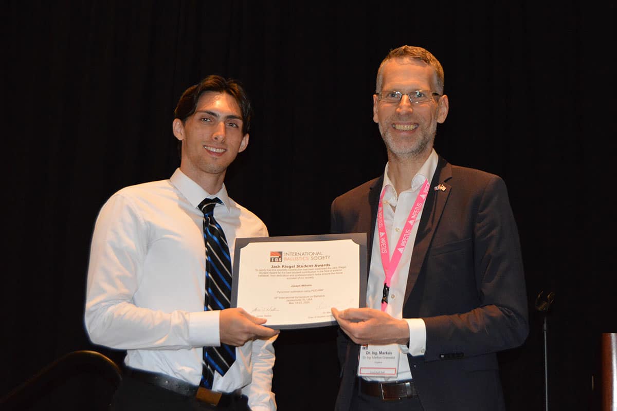 Joseph Wilhelm was presented with the Jack Riegel Student Award at the 34th International Symposium on Ballistics in May 2025 (Photo: Joseph Wilhelm)
