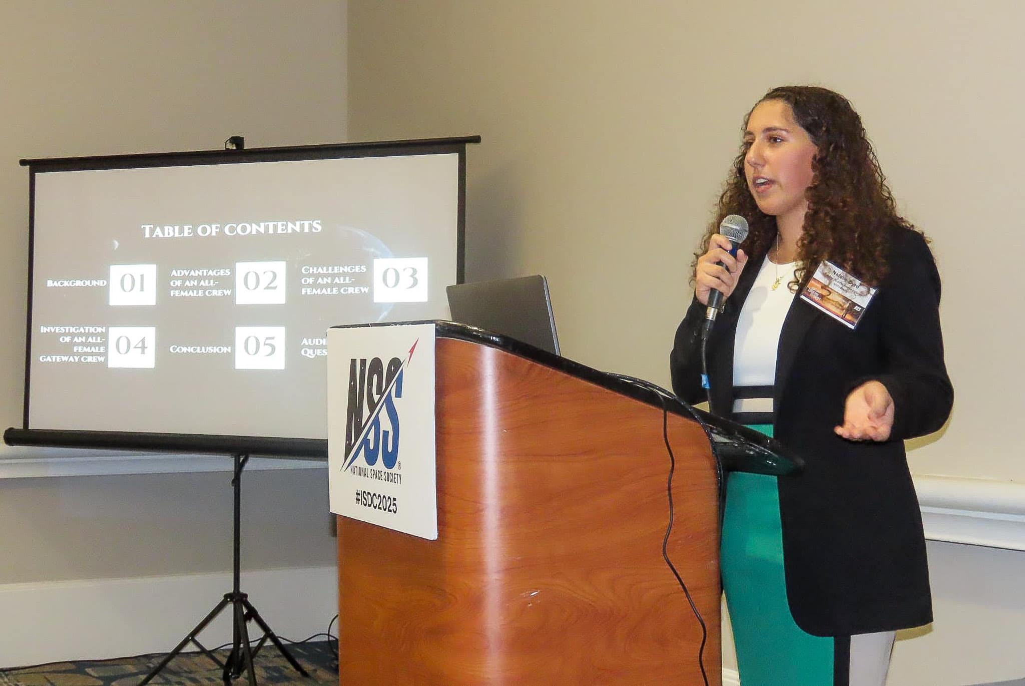 Natalie Byrd, a senior majoring in Spaceflight Operations and Aerospace Physiology, shares her research examining what an all-female crew on NASA's Gateway lunar space station would look like. Byrd was among several Embry-Riddle students selected to present at the 2025 International Space Development Conference as part of the inaugural Rising Stars program. (Photo: Embry-Riddle/Burt Dicht)