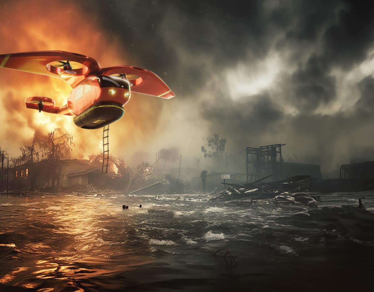 Illustration of a futuristic rescue aircraft with tilt rotors hovering above floodwaters and burning buildings, lowering a ladder amid a storm and fire.