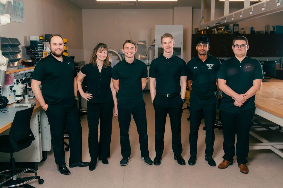 Engineering students Zachary Traynor, Aspen Smith, Zachary Hart, Calvin Henggeler, Heeirthan Shanthan and Ian Curtin make up Embry‑Riddle’s Cellular Intrusion Detection (CID) system research team. (Photo: Embry‑Riddle/Connor McShane)