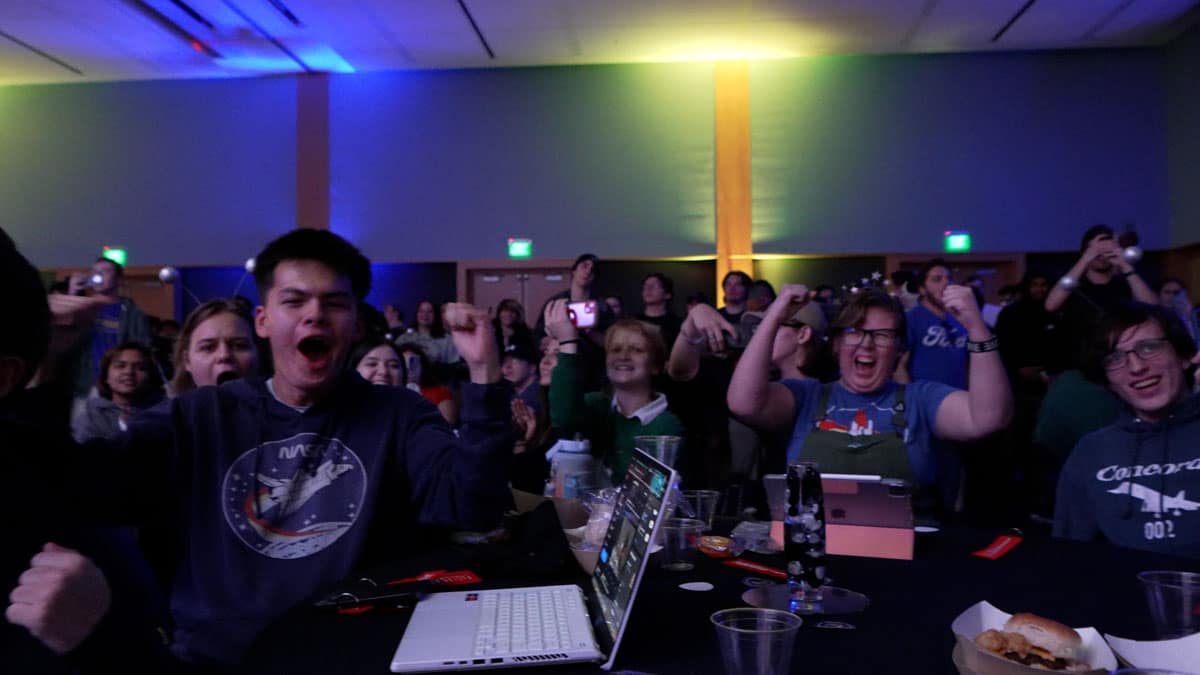 Students, faculty and staff gathered on Embry‑Riddle’s Daytona Beach Campus Thursday, Feb. 22, 2024, to celebrate EagleCam’s landing on the moon. (Photo: Embry‑Riddle/David Massey) 