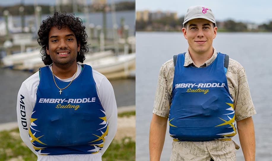 two photos side-by-side of people wearing blue Embry-Riddle vests, standing outside.