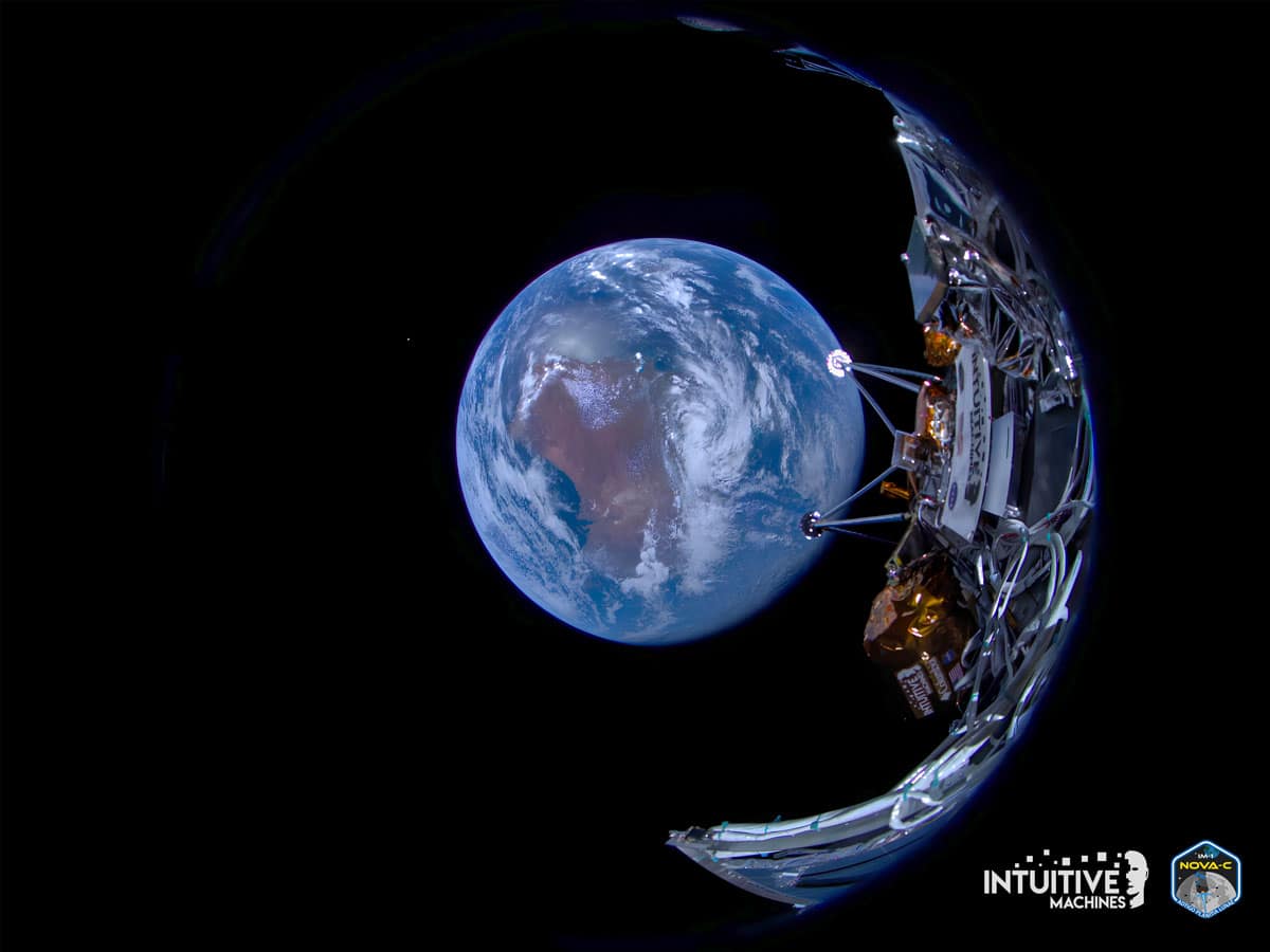 A view of Earth from space with a lunar lander in the foreground, showing structural components and instruments against a black background.