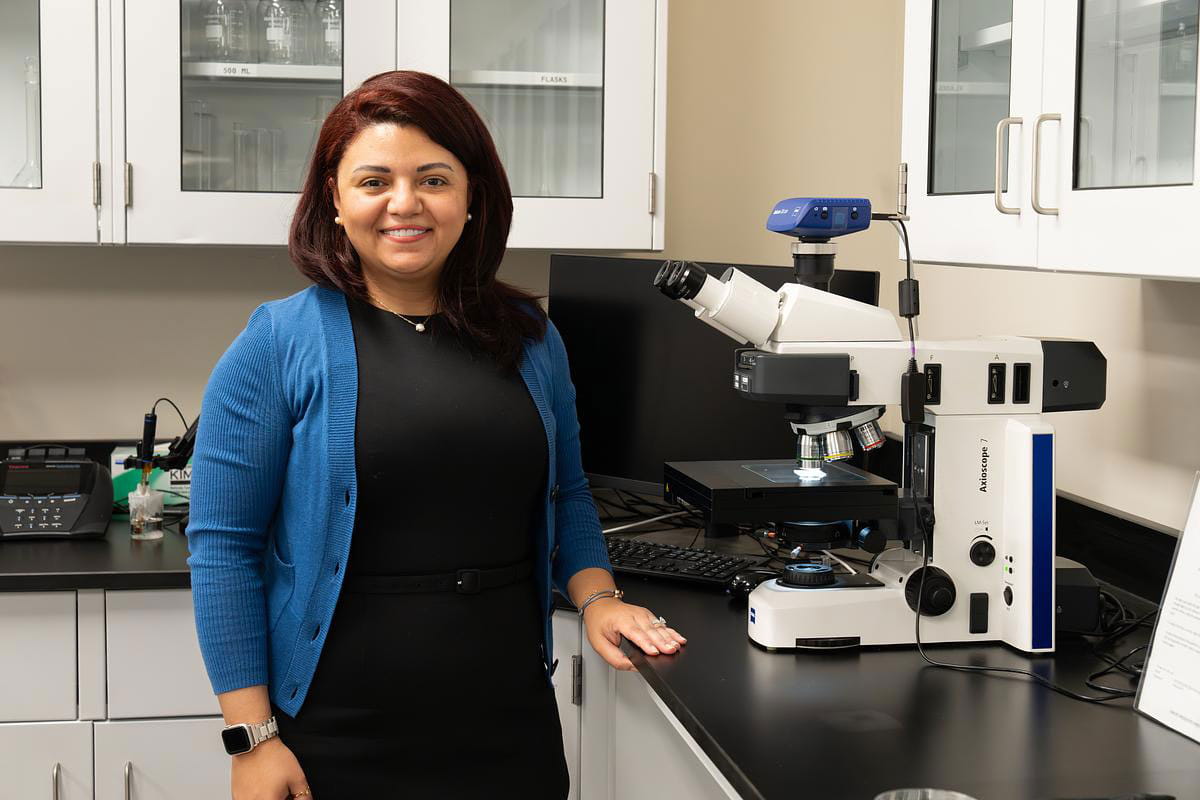 Dr. Marwa El-Sayed, assistant professor of Civil Engineering and director of the Sustainability and Environmental Engineering Lab (SEEL) at Embry‑Riddle’s Daytona Beach Campus, was one of only 17 scientists worldwide to earn an exploratory research award from the Environmental Molecular Sciences Laboratory (EMSL), a U.S. Department of Energy facility. She will analyze micro- and nano-plastics formed and emitted from biomass burning, which occurs during wildfires. (Photo: Embry‑Riddle/Bernard Wilchusky)