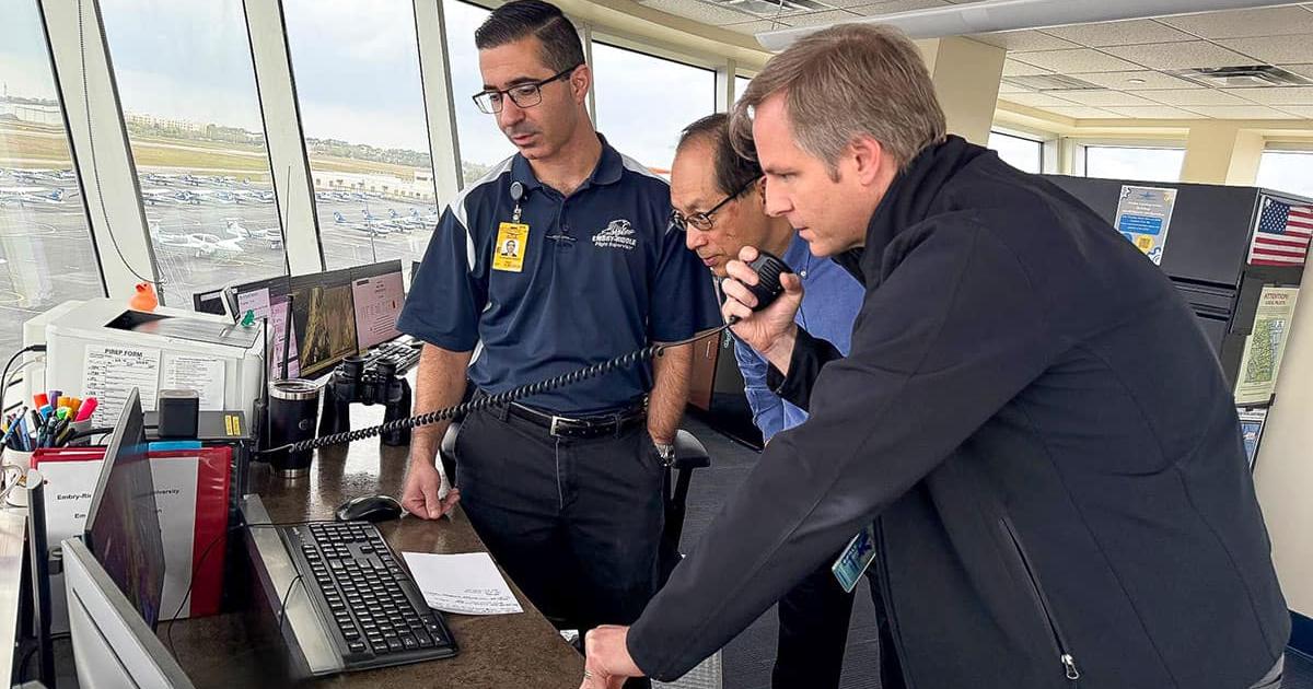Embry-Riddle students and staff in the air traffic control tower.