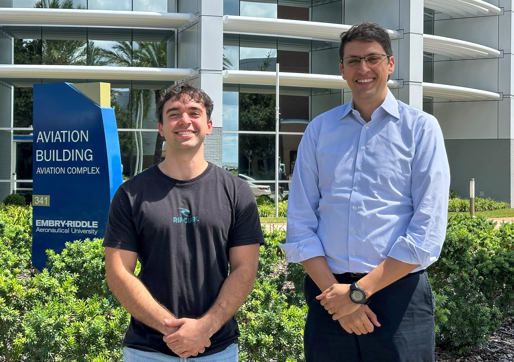 The SURF award earned by student Celso Ferreira de Moura allowed him to conduct research with Dr. Joao Souza Dias Garcia. (Photo: Embry‑Riddle/Celso Ferreira de Moura) Embry-Riddle student Celso Ferreira de Moura (left) and Dr. Joa Souza Dias Garcia (right).