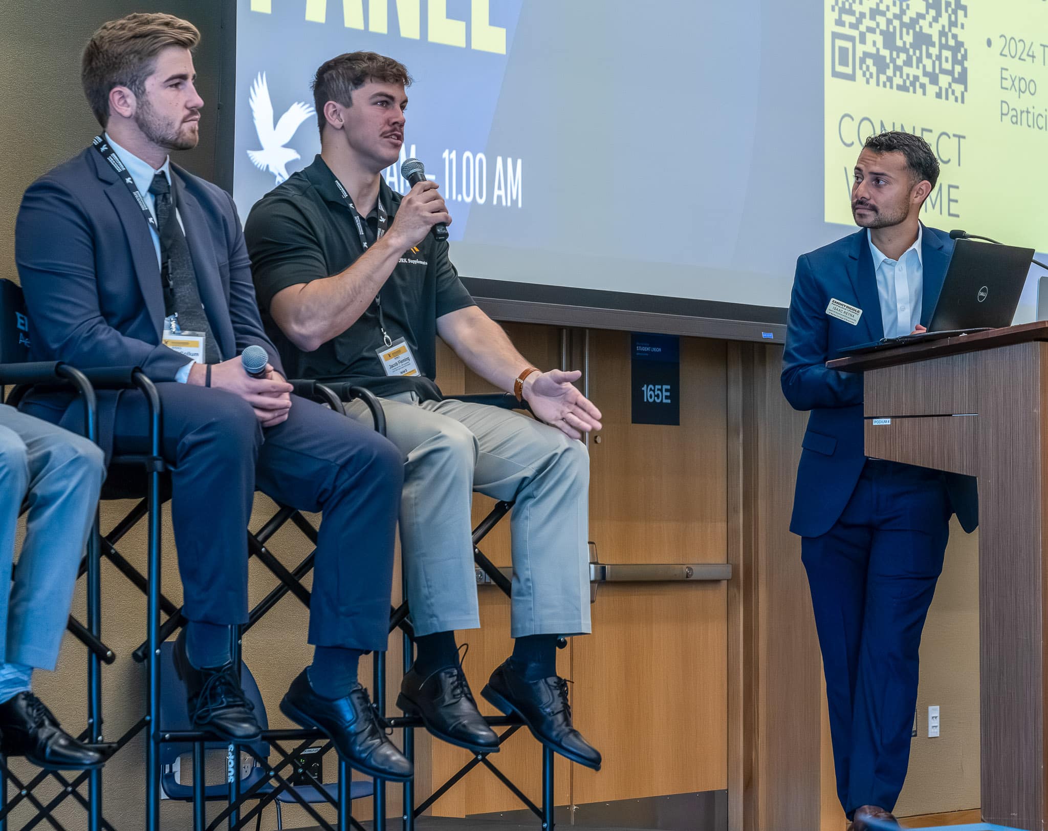 Student Jacob Fleming responds to a question on a panel at Embry Riddle ’s TREP Entrepreneurship Expo.