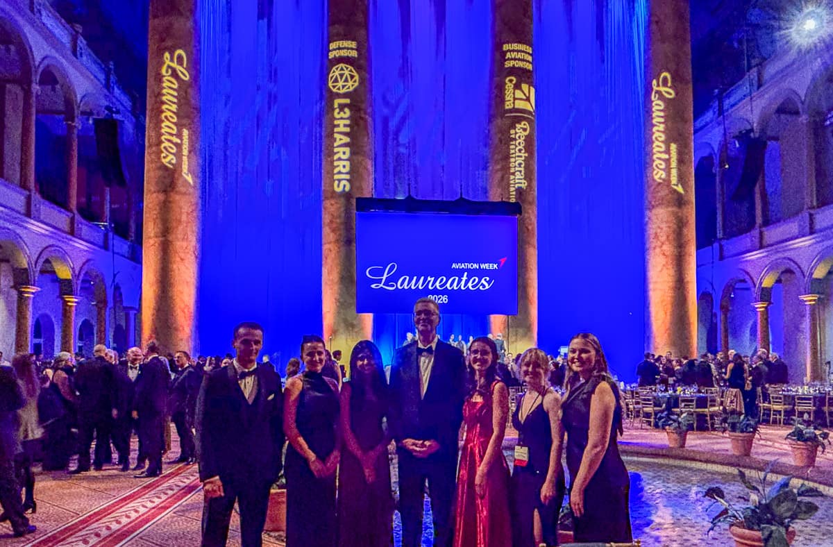 Embry-Riddle President P. Barry Butler stands with six students honored at at Aviation Week Network’s 68th Annual Laureate Awards.