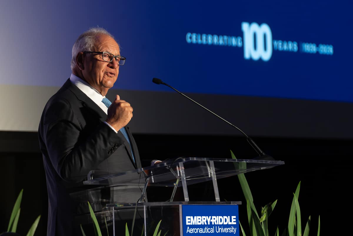 Embry-Riddle Board of Trustees Chairman Mori Hosseini speaks at the university’s centennial event on March 26 at the Daytona Beach Campus.