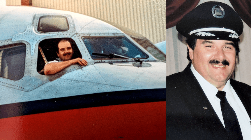 Gregory Zahornacky poses in a plane and in his pilot uniform early in his career.