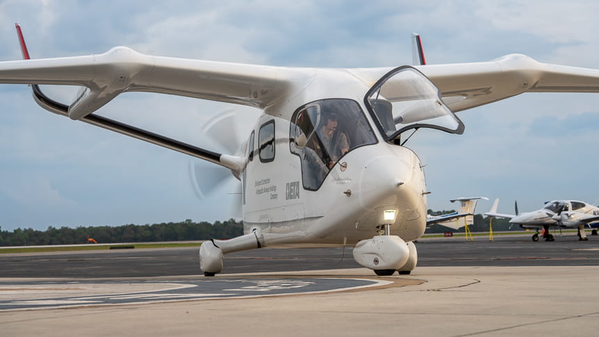 An all-electric aircraft on a runway