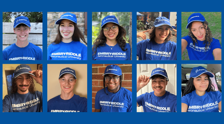 Grid of ten students wearing Embry-Riddle t-shirts and Boeing hats