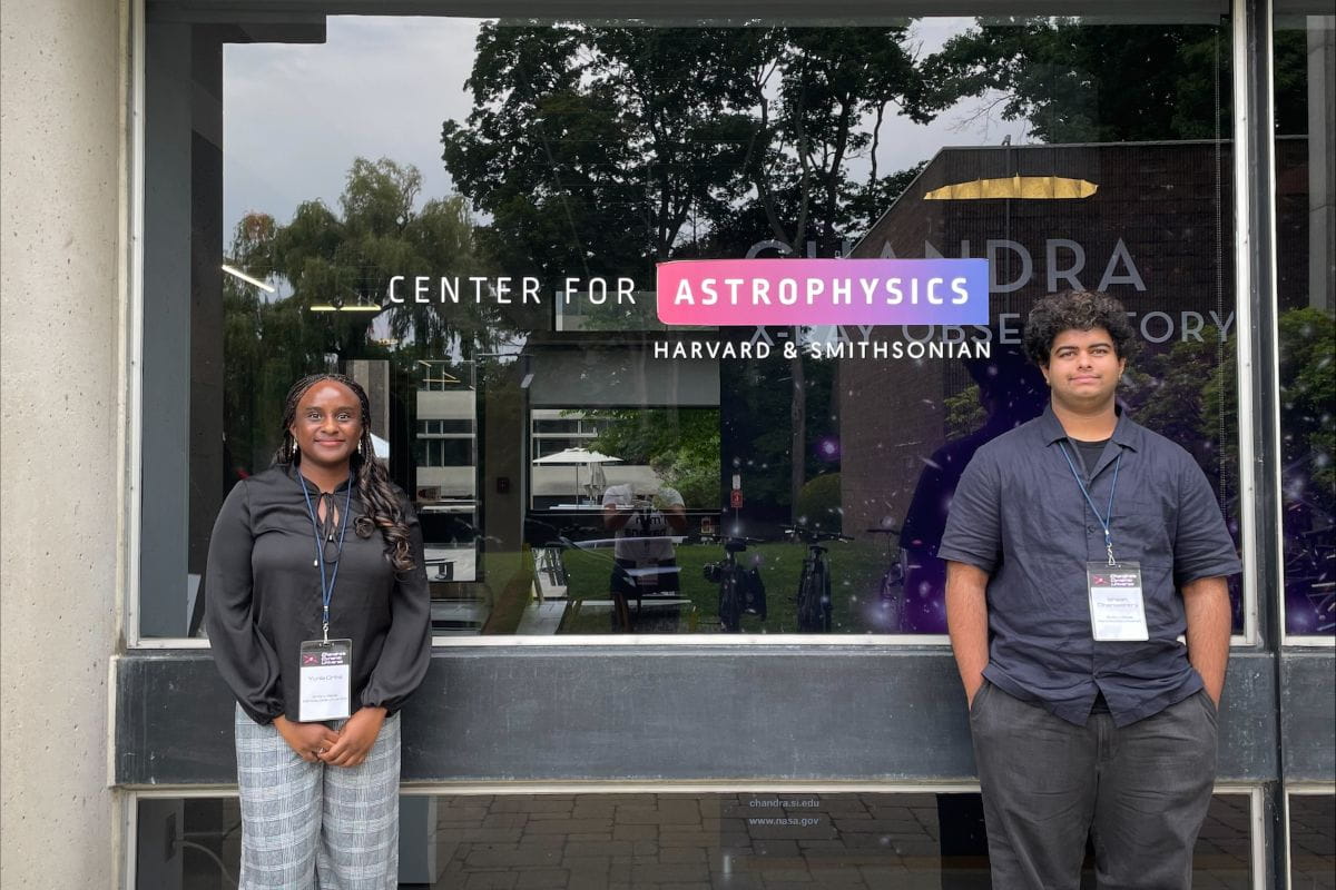 Embry-Riddle students Yunia Orina, left, and Ishaan Dhanwantry, right, stand outside the Harvard & Smithsonian Center in Cambridge, Massachusetts, while attending Chandra’s Dynamic Universe. (Photo: Yunia Orina)