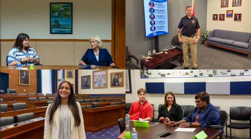 Four square image collage. Clockwise from top left: Audrey Dixon with NTSB Chairwoman Jennifer Homendy; Ken Mionske at the NTSB’s Western Pacific Regional Office; Amanda Hoyt with NTSB Chief Human Capital Officer Veronica Marshall; and Maya Boysen, who interned with the U.S. House Subcommittee on Aviation. 