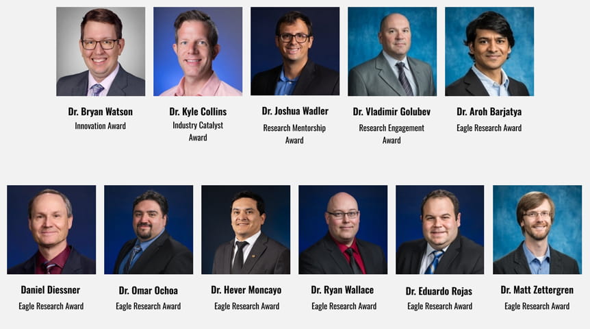 The 2026 Embry-Riddle Research Awards winners (clockwise): Dr. Bryan Watson, Dr. Kyle Collins, Dr. Joshua Wadler, Dr. Vladimir Golubev, Dr. Aroh Barjatya, Dr. Matthew Zettergren, Dr. Eduardo Rojas, Dr. Ryan Wallace, Dr. Hever Moncayo, Dr. Omar Ocho and Daniel Diessner.  