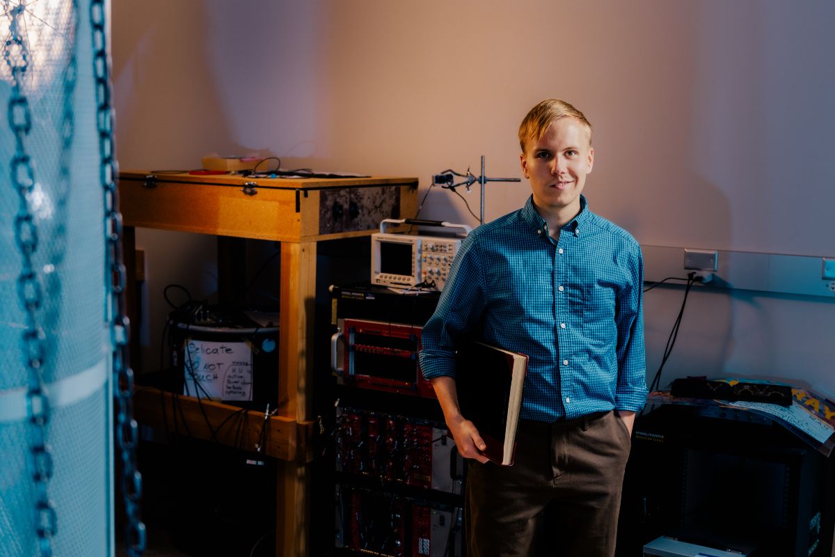 Embry-Riddle senior Blake Schuetz is using MIT-designed Cosmic Watch detectors to expand an on-campus cosmic-ray experiment while developing research experience recognized by Phi Kappa Phi’s Pioneer Award. (Photo: Embry-Riddle / Wilson Van Ness)