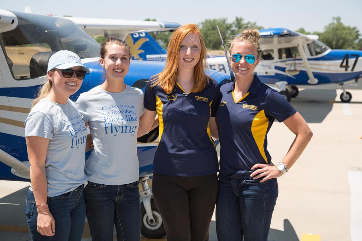 Female pilots by a plane