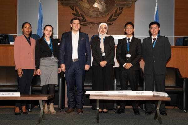 Eugene Ng (far right) at the 2024 ICAO Innovation Fair with (l to r): Gladys Mercan, associate innovation officer, ICAO; Katerina Grotchelova, Czech Technical University; Andras Galffy, CEO, Turbulence Solutions; Eng. Sara Dabbas, Al Hussein Technical University; and Muhammad Danial Azraf Bin Muhammad Mazlan, Temasek Polytechnic.