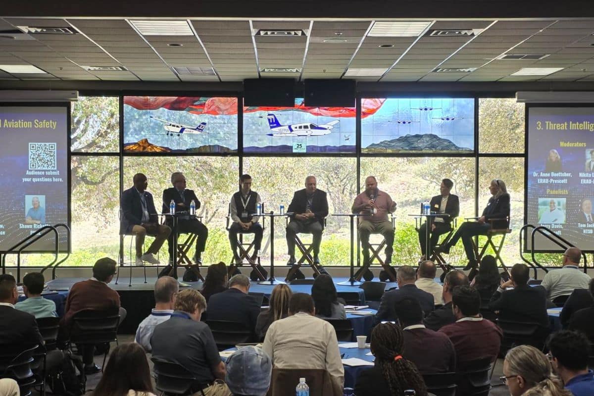 A panel of industry professionals addresses questions from NSF SFS student moderators related to cybersecurity during the third annual ERAU-NASA-NSF Aerospace Cybersecurity Workshop at Embry-Riddle Aeronautical University’s Prescott Campus. 