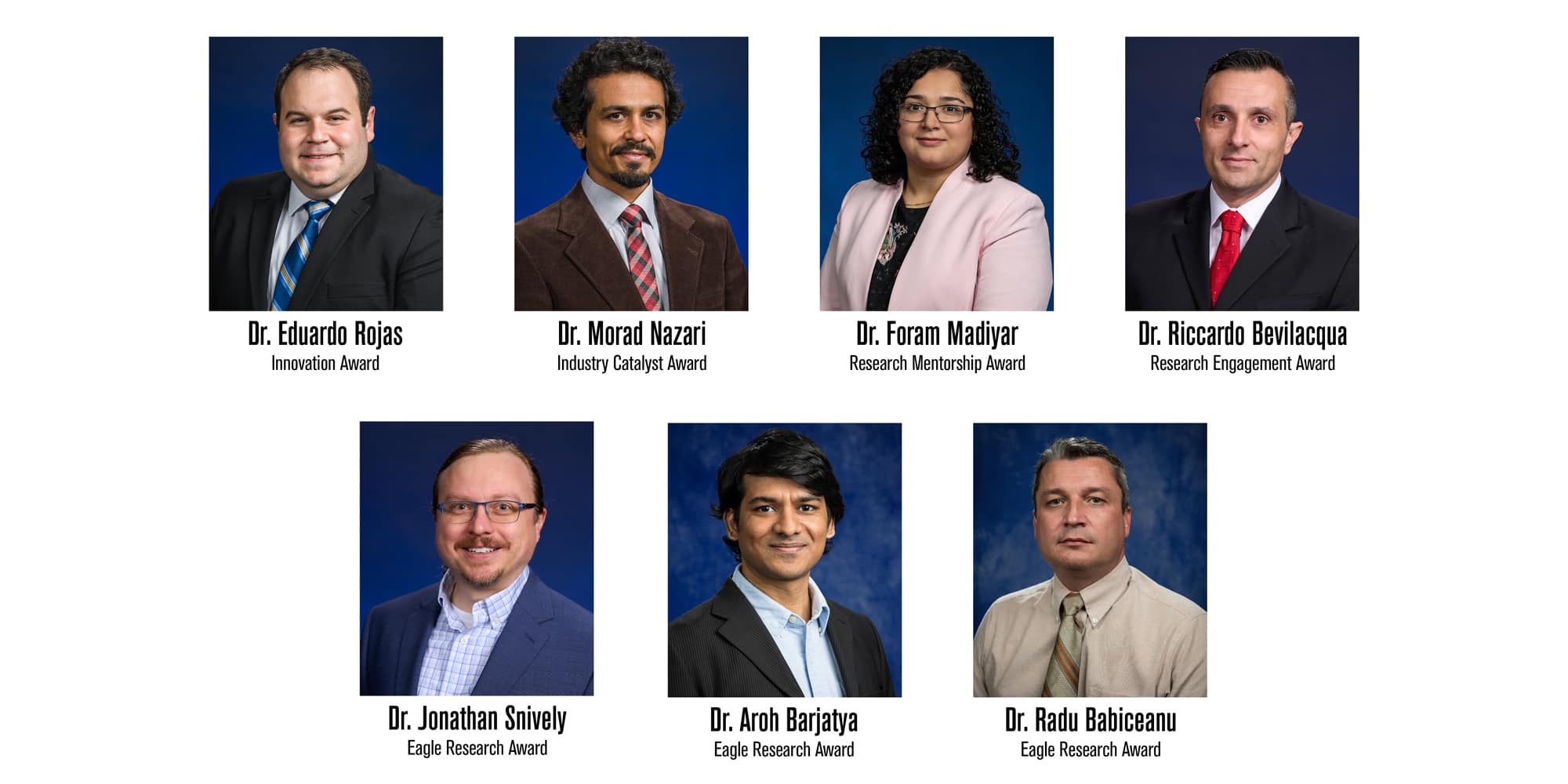 Embry-Riddle has honored seven faculty members with awards for their outstanding accomplishments in research and innovation. The awardees include Dr. Eduardo Rojas-Nastrucci, Dr. Morad Nazari, Dr. Foram Madiyar, Dr. Riccardo Bevilacqua, Dr. Jonathan Snively, Dr. Aroh Barjatya and Dr. Radu Babiceanu.